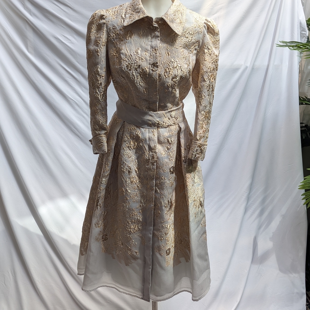 Rickie Freeman for Teri Jon Tan Gold A-Line Puff Sleeve Dress